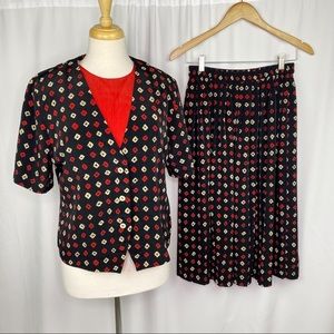 vintage geometric print blouse and skirt set
